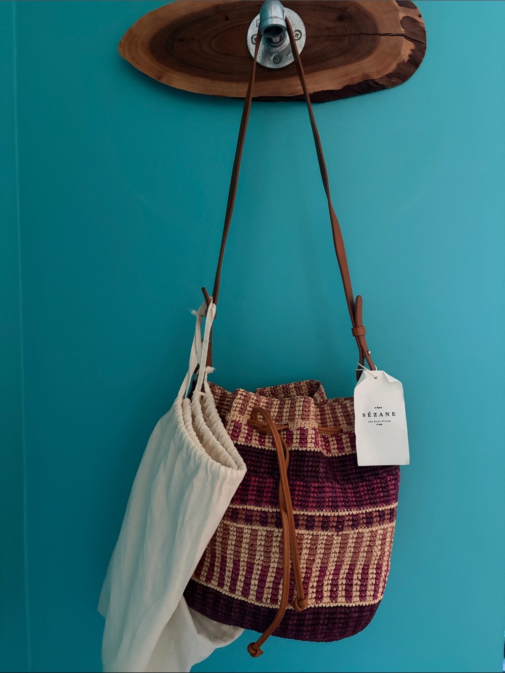 Sezane Woven Drawstring Shoulder Bag in Burgundy and Tan